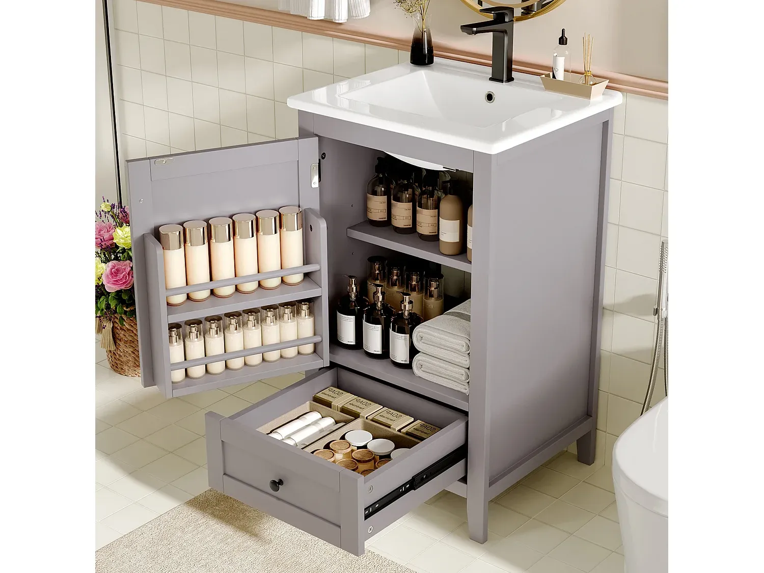 Moderner Waschtisch, bodenstehend, mit Keramikbecken und Ablage, grau-Basneoion