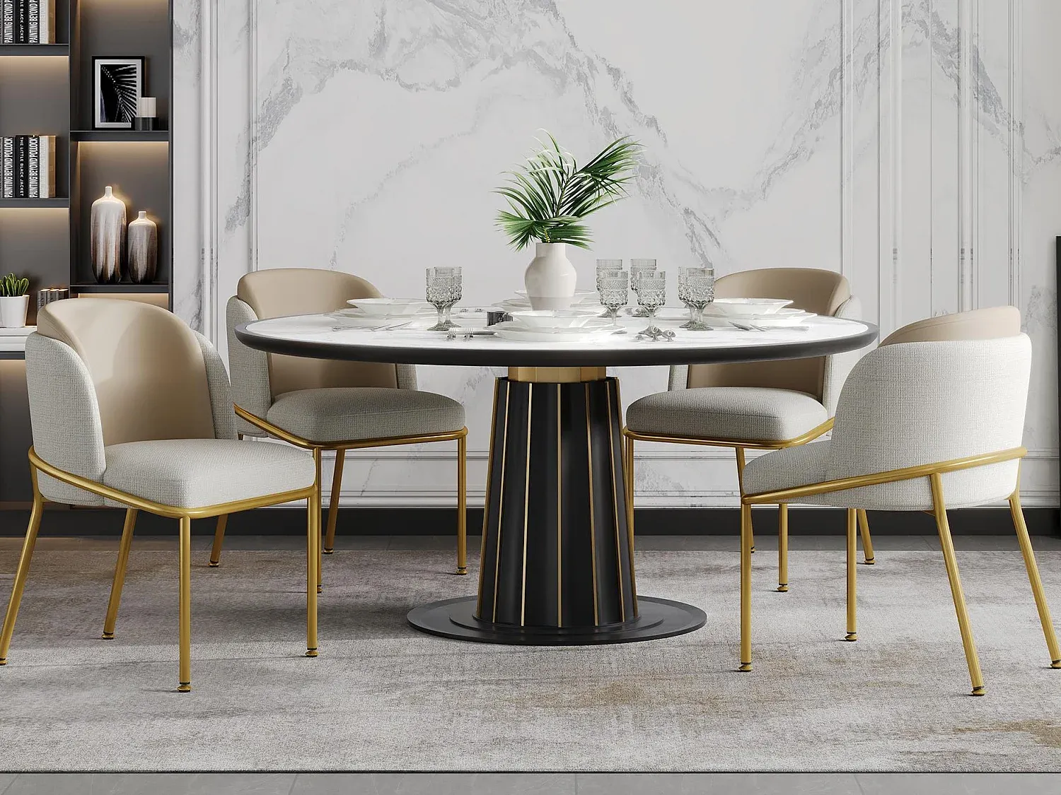 Moderner Esszimmerstuhl im 4er-Set, Leinen und Kunstleder, Metallbeine, Beige-Basneoion