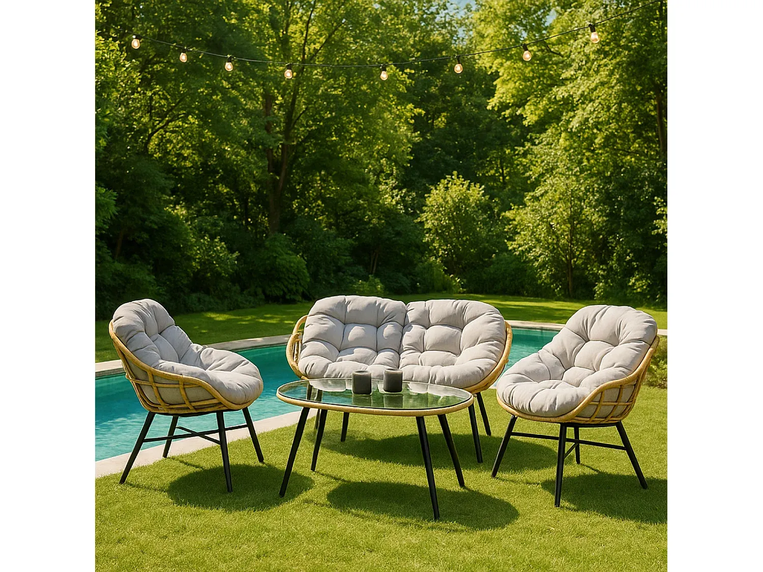 Rattan Gartenmöbelset für 4 Personen in Beige mit Sofa und Sesseln-Basneoion