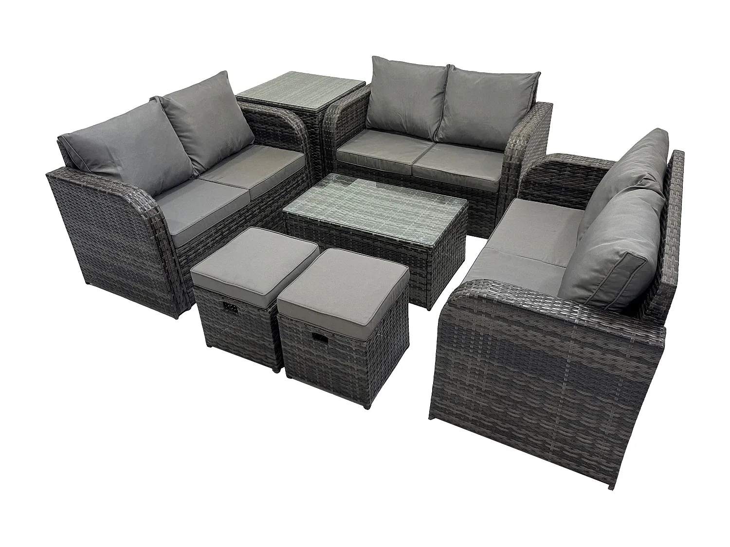 8-Sitzer Polyrattan Gartensofa-Set mit Couchtisch und Hockern in Dunkelgrau-Basneoion