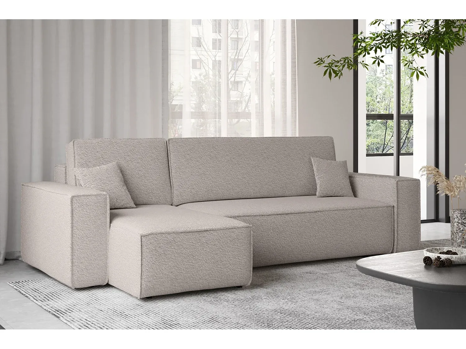 Ecksofa mit Schlaffunktion und Stauraum, Dunkelbeige Links-Basneoion