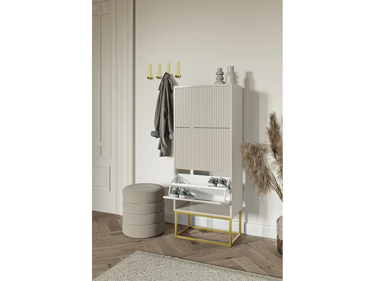 Moderner Schuhschrank mit Metallgestell, Greige, 3 Klappen, 50 cm-Basneoion