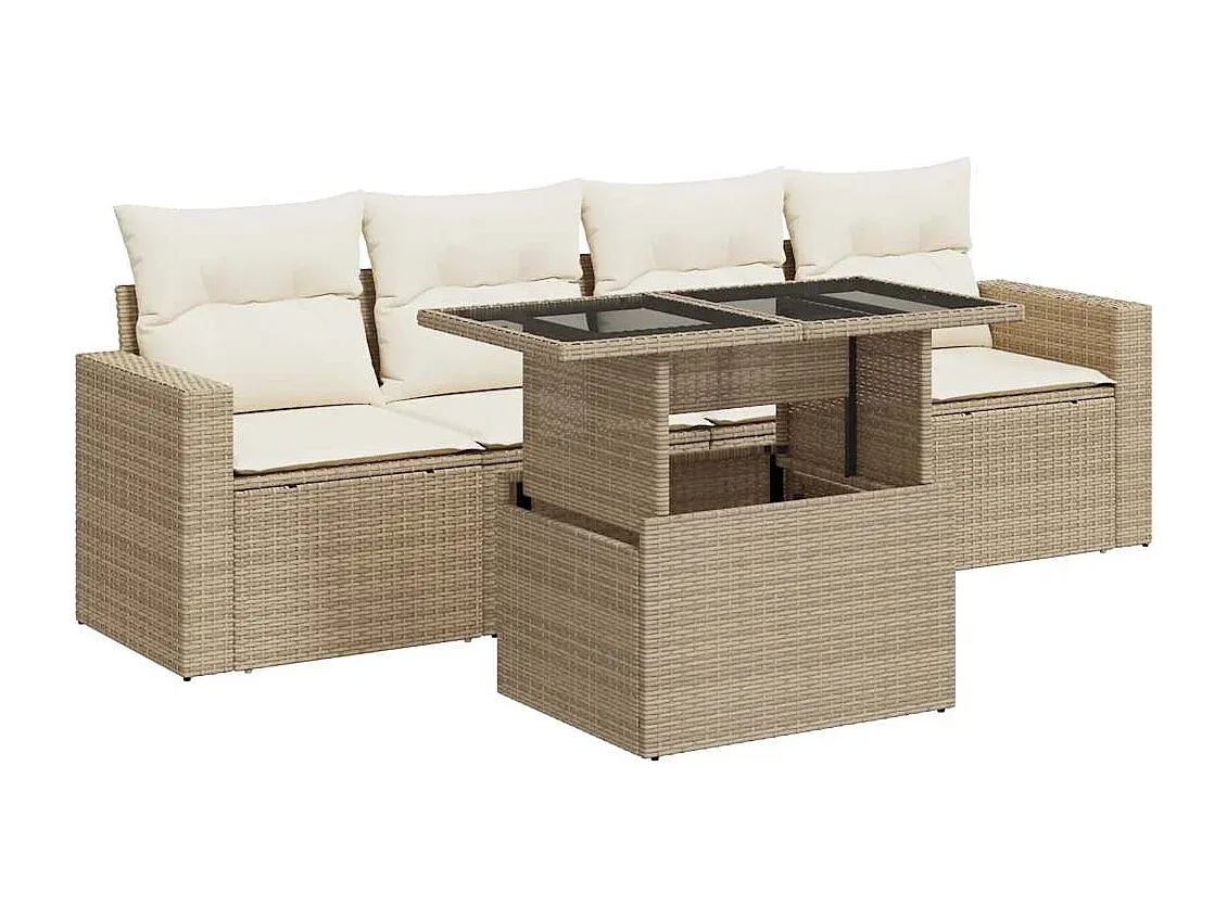 Garten-Sofagarnitur aus Poly-Rattan mit Kissen, 5-teilig, Beige-Basneoion