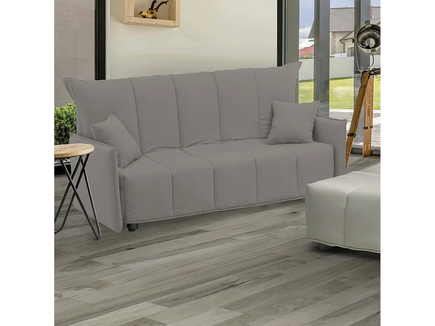 Zweier-Sofa mit Schlaffunktion in Grau, gepolstert mit Trolley-Öffnung-Basneoion