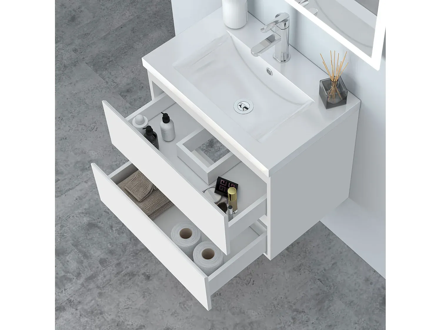 Hängeschrank mit Keramik-Waschtisch 60cm, Weiß Matt-Basneoion