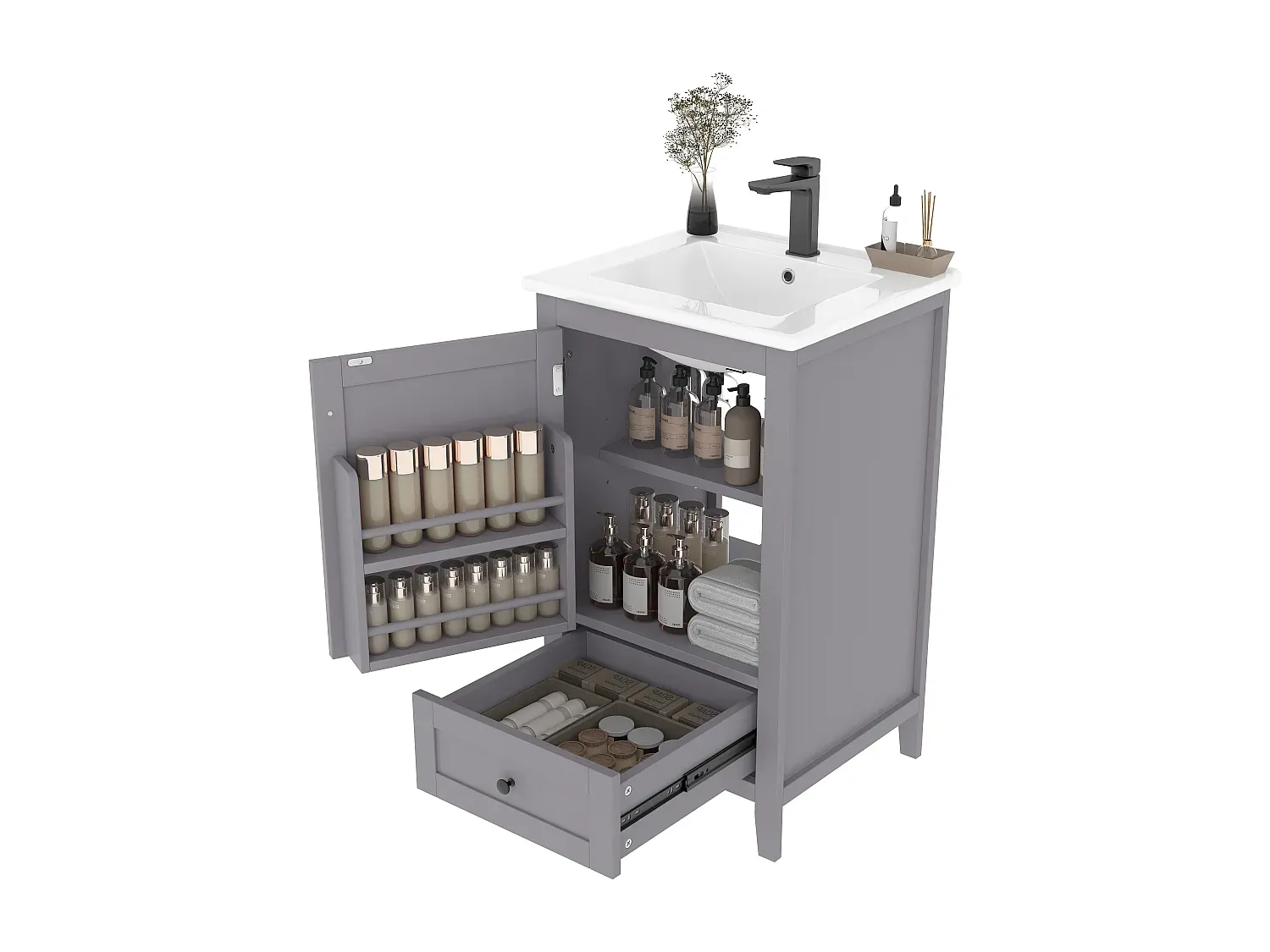 Moderner Waschtisch, bodenstehend, mit Keramikbecken und Ablage, grau-Basneoion