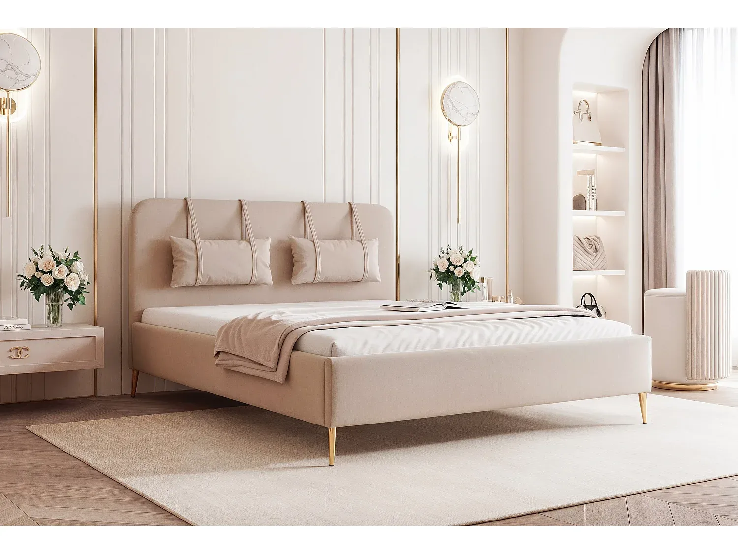 Schlankes Bett mit abnehmbaren Kissen und Bettkasten, 120x200 cm, Beige-Basneoion