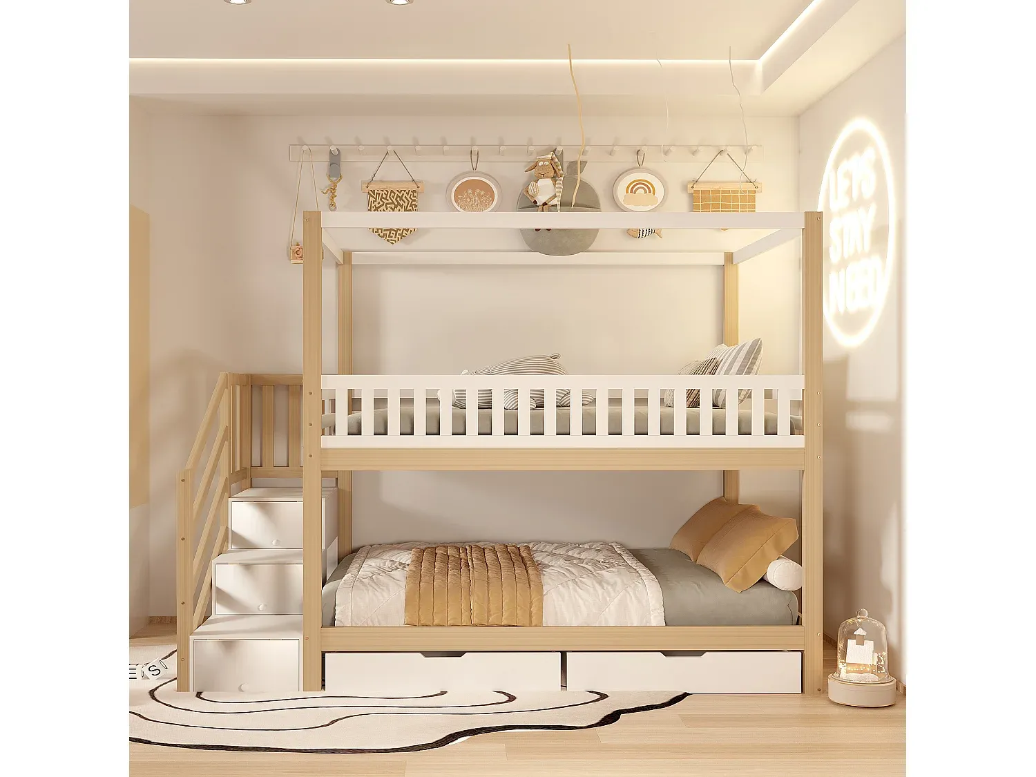 Hochbett mit Schubladen und Schutzbarrieren, Weiß und Holz-Basneoion