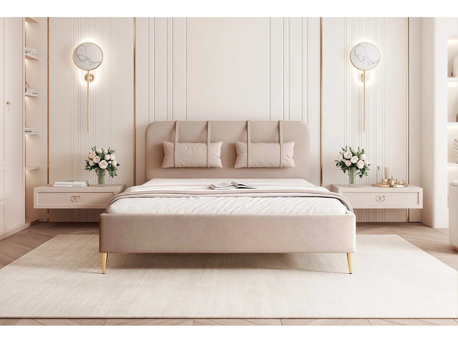 Schlankes Bett mit abnehmbaren Kissen und Bettkasten, 120x200 cm, Beige-Basneoion