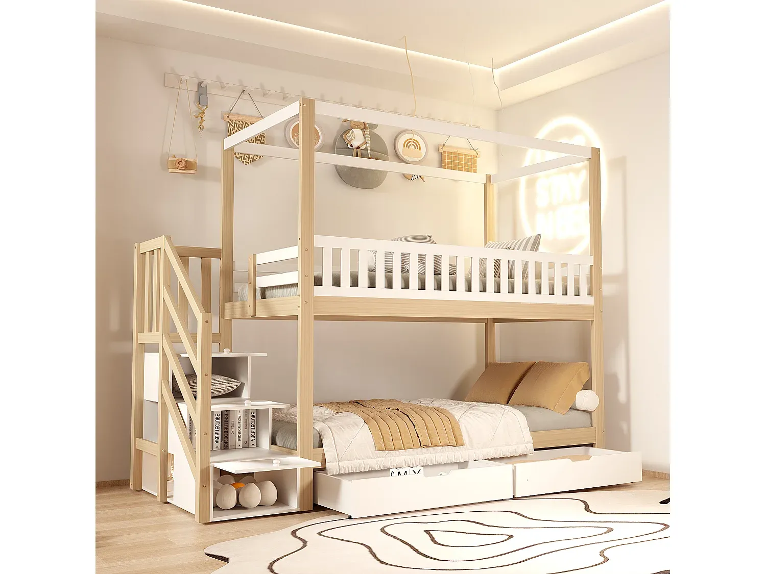 Hochbett mit Schubladen und Schutzbarrieren, Weiß und Holz-Basneoion