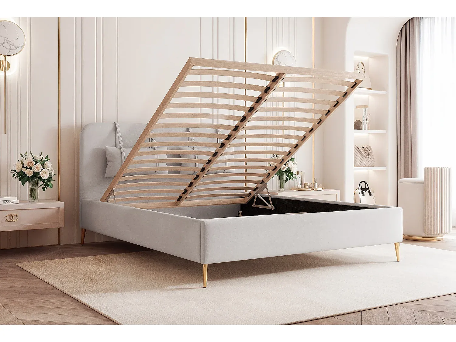 Schlankes Bett mit abnehmbaren Kissen und Bettkasten, 120x200 cm, Beige-Basneoion