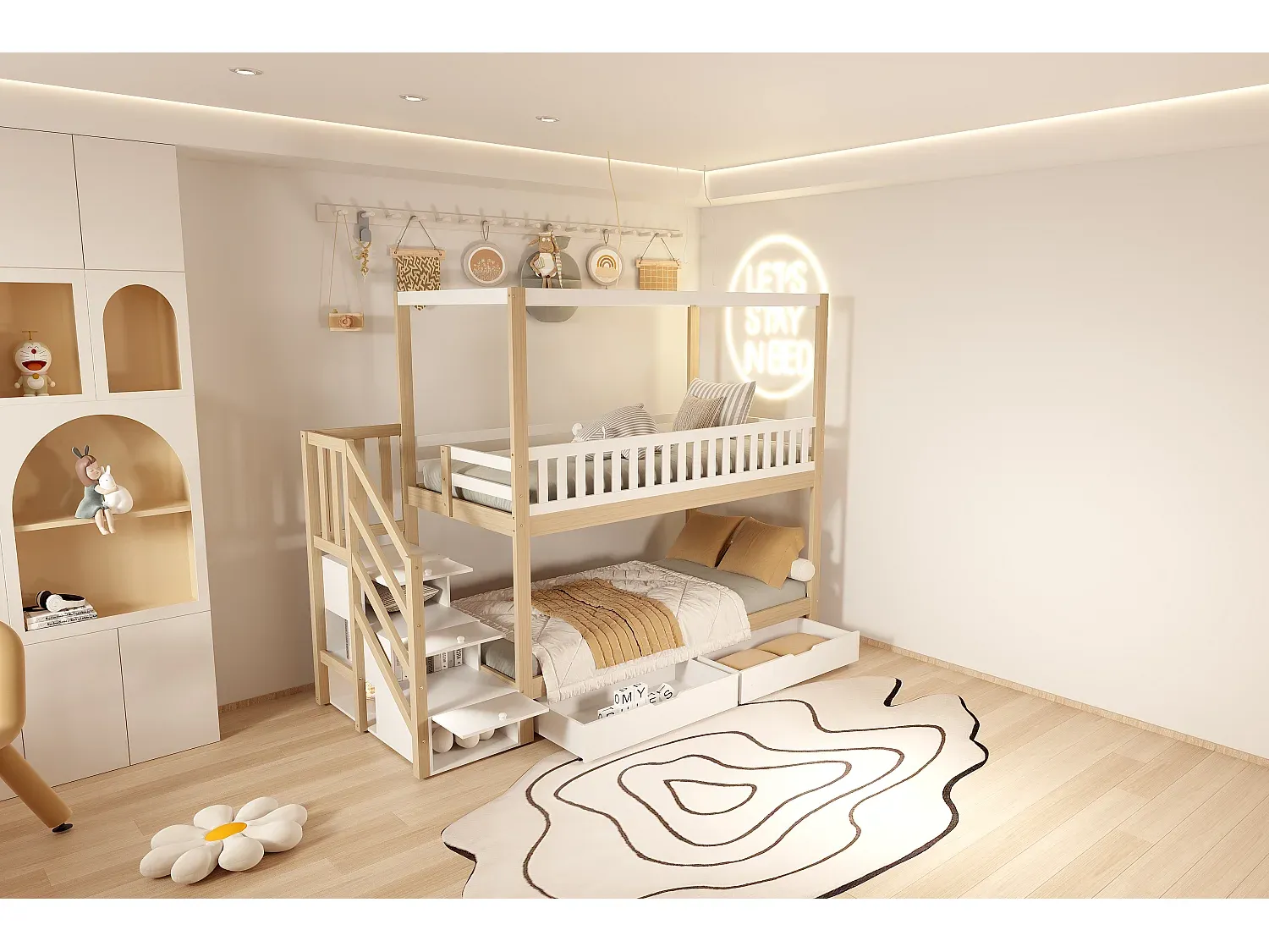 Hochbett mit Schubladen und Schutzbarrieren, Weiß und Holz-Basneoion