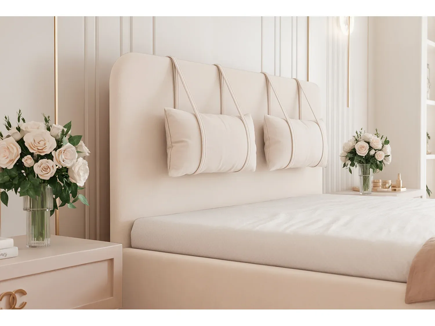 Schlankes Bett mit abnehmbaren Kissen und Bettkasten, 120x200 cm, Beige-Basneoion