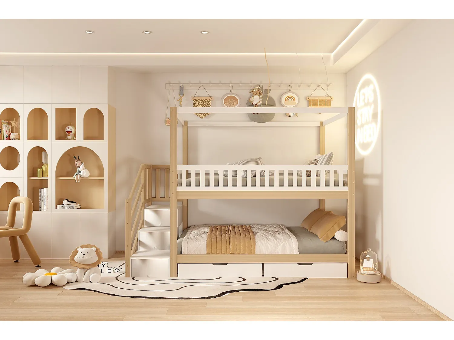 Hochbett mit Schubladen und Schutzbarrieren, Weiß und Holz-Basneoion