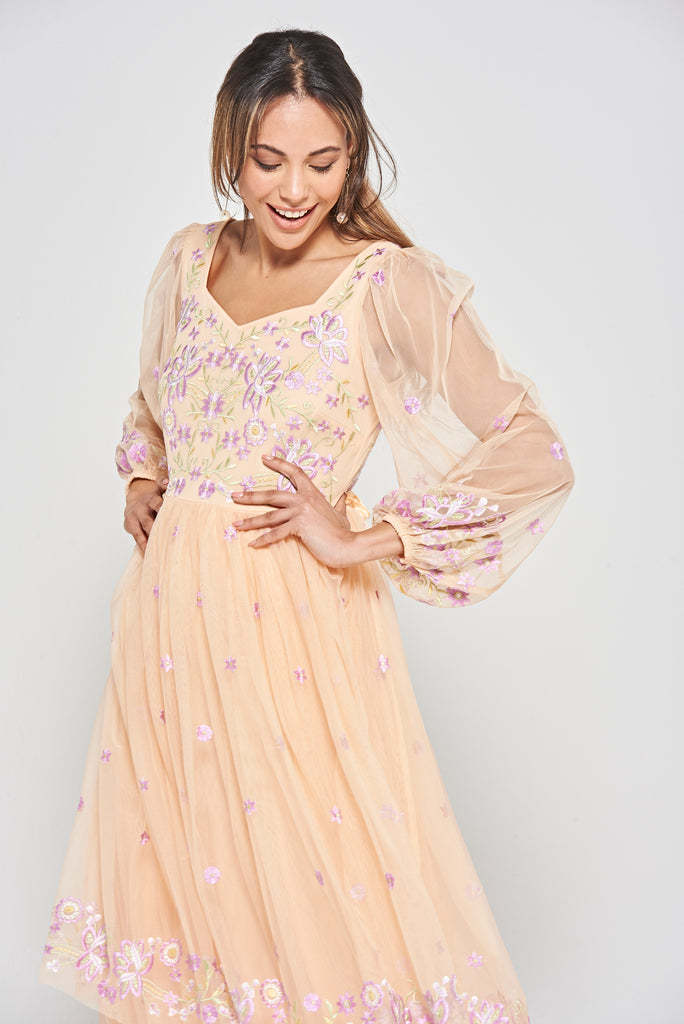 Almond Floral Embroidered Maxi Dress