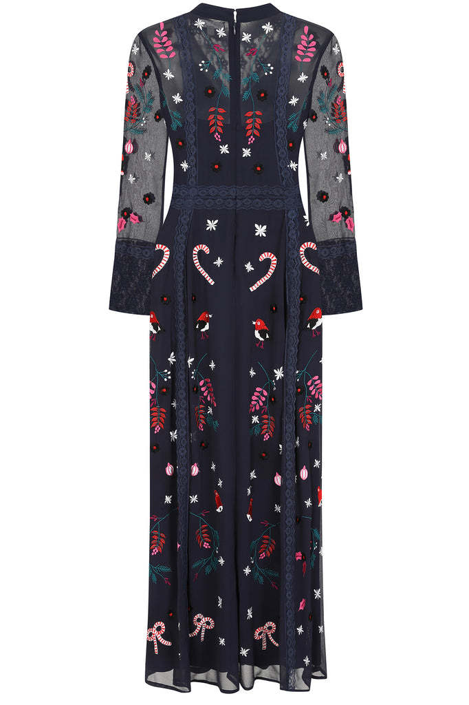 Navy Christmas Embroidered Maxi Dress with Lace Panels