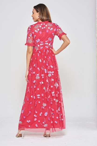 Crimson Floral Embroidered Maxi Dress