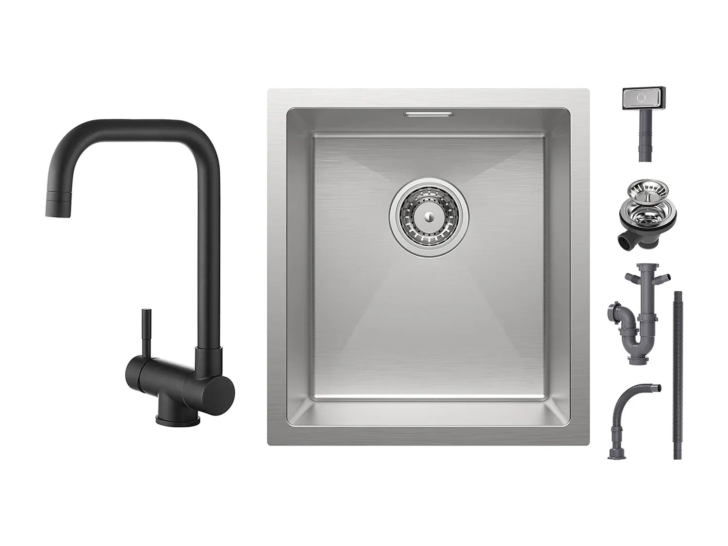 Gebürstete Edelstahl-Küchenspüle mit faltbarem schwarzem Wasserhahn, 40 x 44 cm, für Unterbau