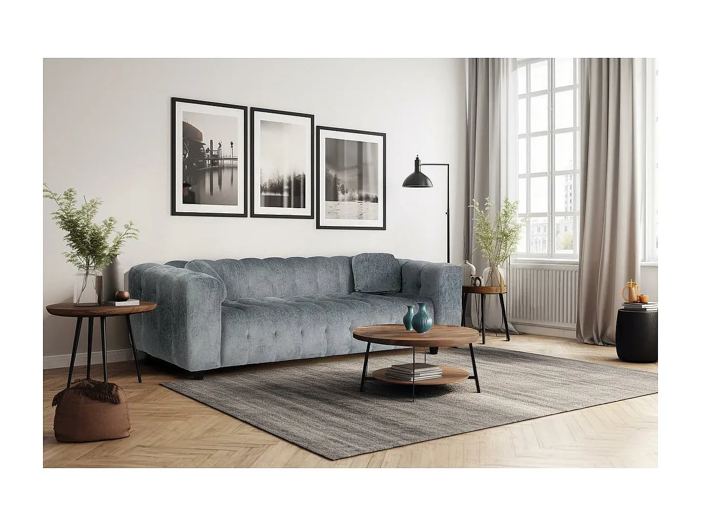 Gemütliches 3-Sitzer-Sofa aus Chenille in Grau