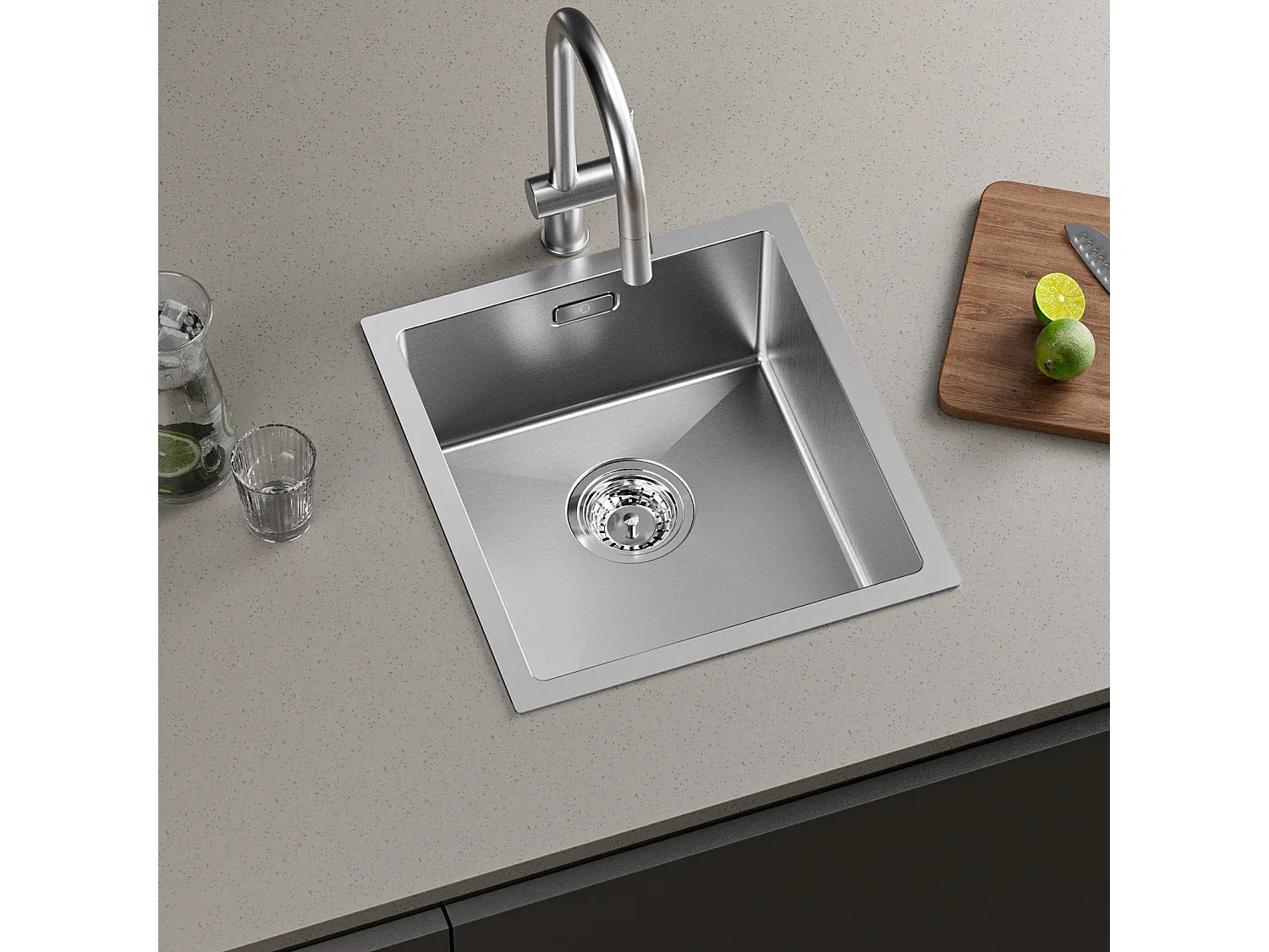 Gebürstete Edelstahl-Küchenspüle mit faltbarem schwarzem Wasserhahn, 40 x 44 cm, für Unterbau