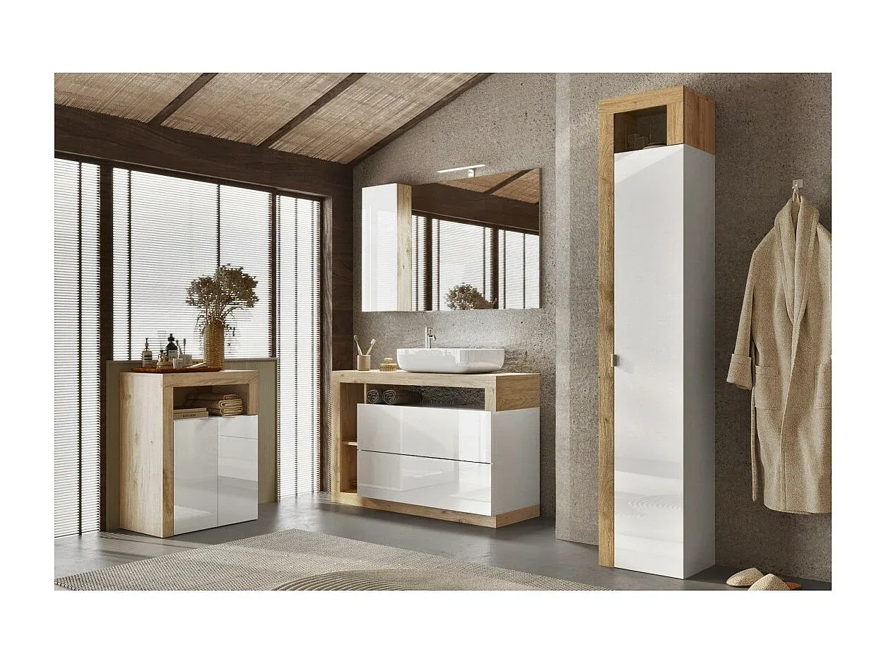 Moderner Badezimmerschrank mit Türen und Regalen in Weiß und Eiche