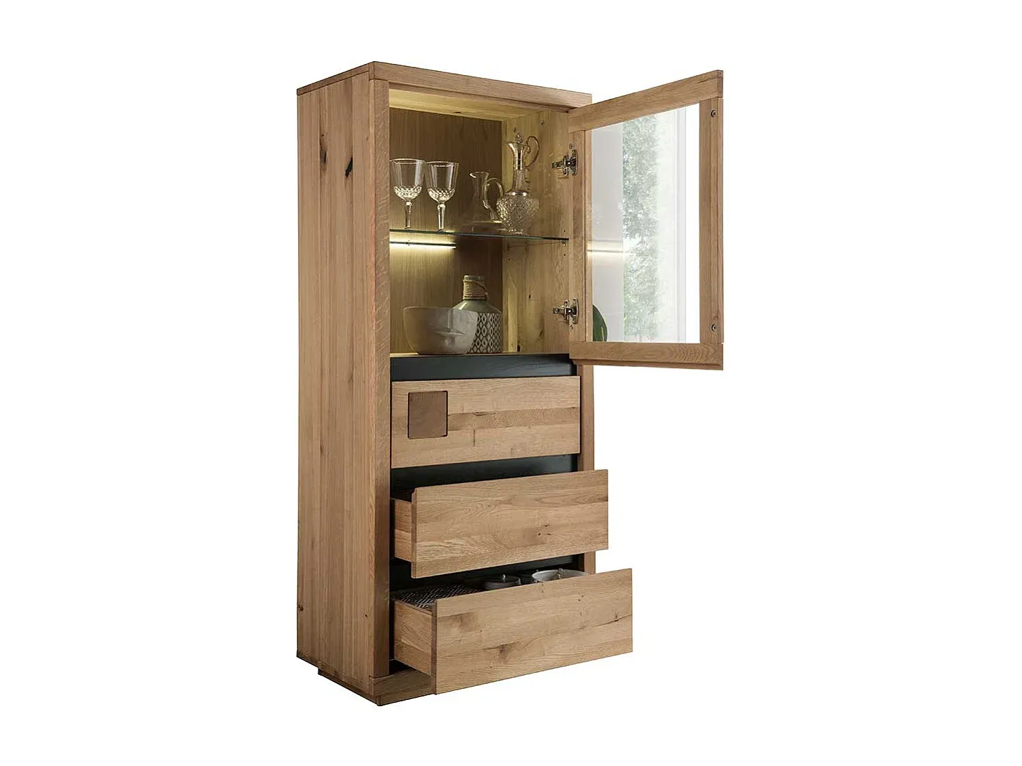 Massivholz Vitrinenschrank mit drei Schubladen aus Wildeiche