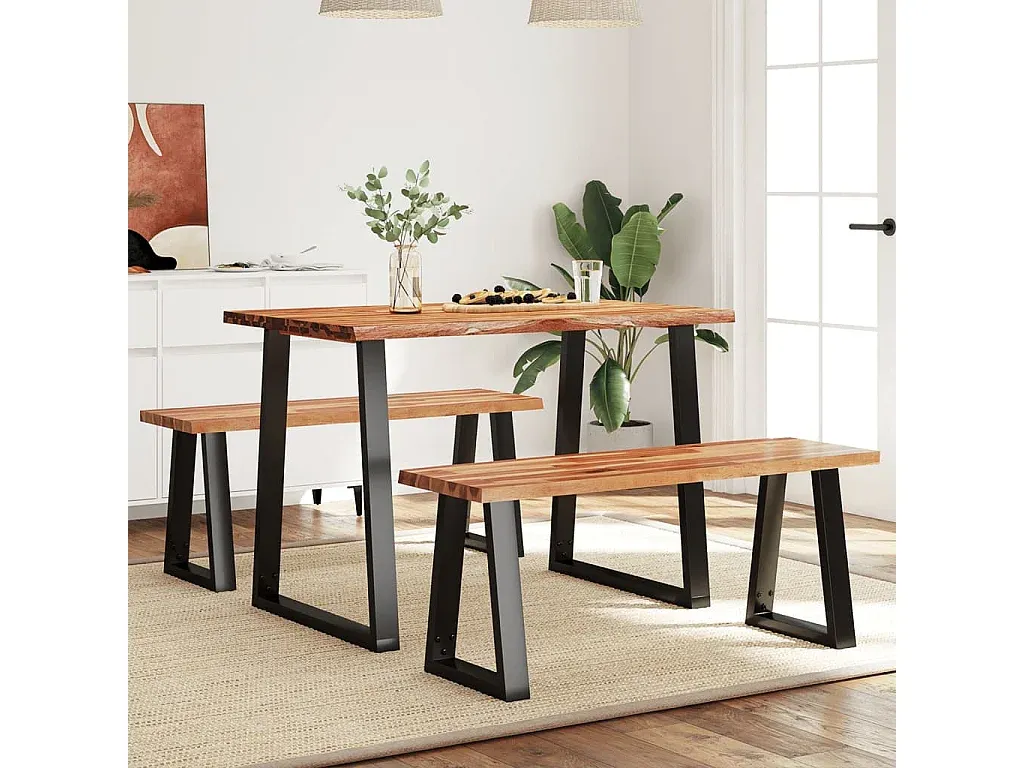 Essgruppe aus massivem Akazienholz mit Baumkante, 3-teilig