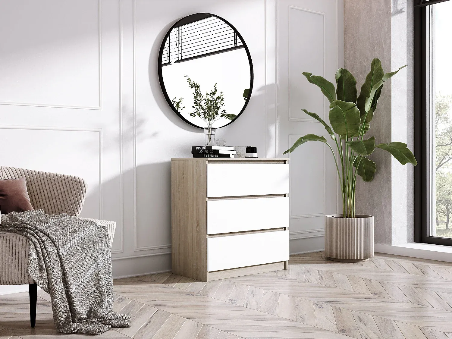 Holz-Kommode mit 3 Schubladen, Eiche/Weiß, 70 x 39 x 79 cm