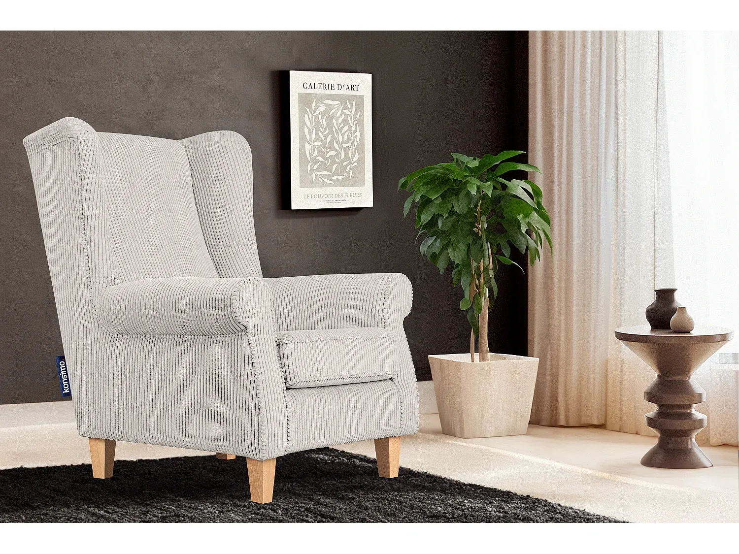 Bequemer Ohrensessel mit Kord-Stoffbezug in Beige