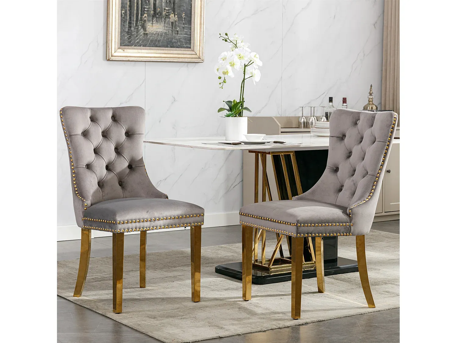 Esszimmerstühle im 2er-Set mit gepolsterter Lehne und goldfarbenen Beinen