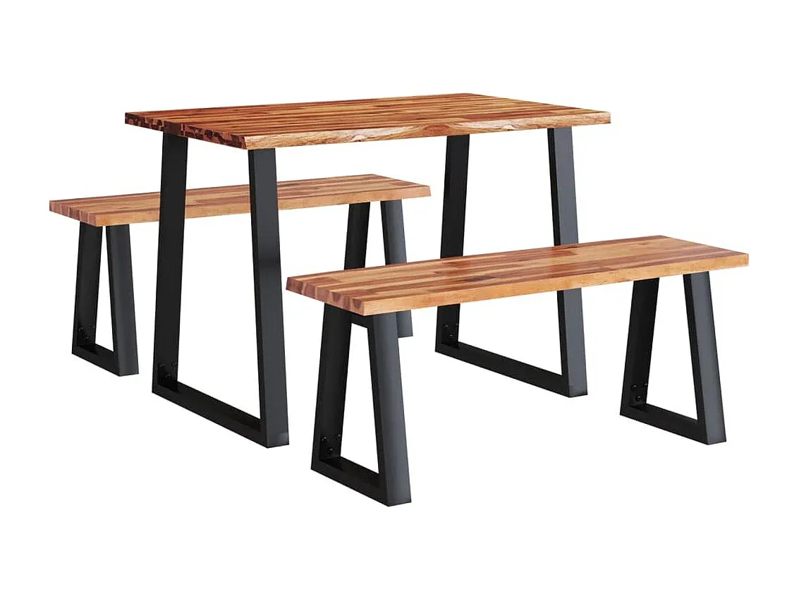 Essgruppe aus massivem Akazienholz mit Baumkante, 3-teilig