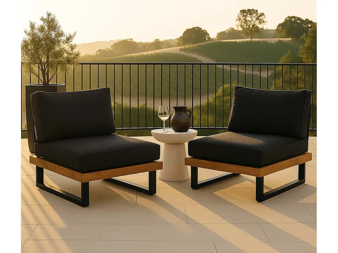 Zweisitziges Loungesessel-Set in Hellbraun mit Dunkelgrauem Polster