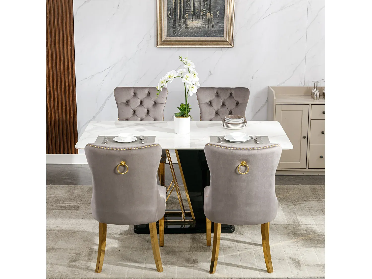 Esszimmerstühle im 2er-Set mit gepolsterter Lehne und goldfarbenen Beinen