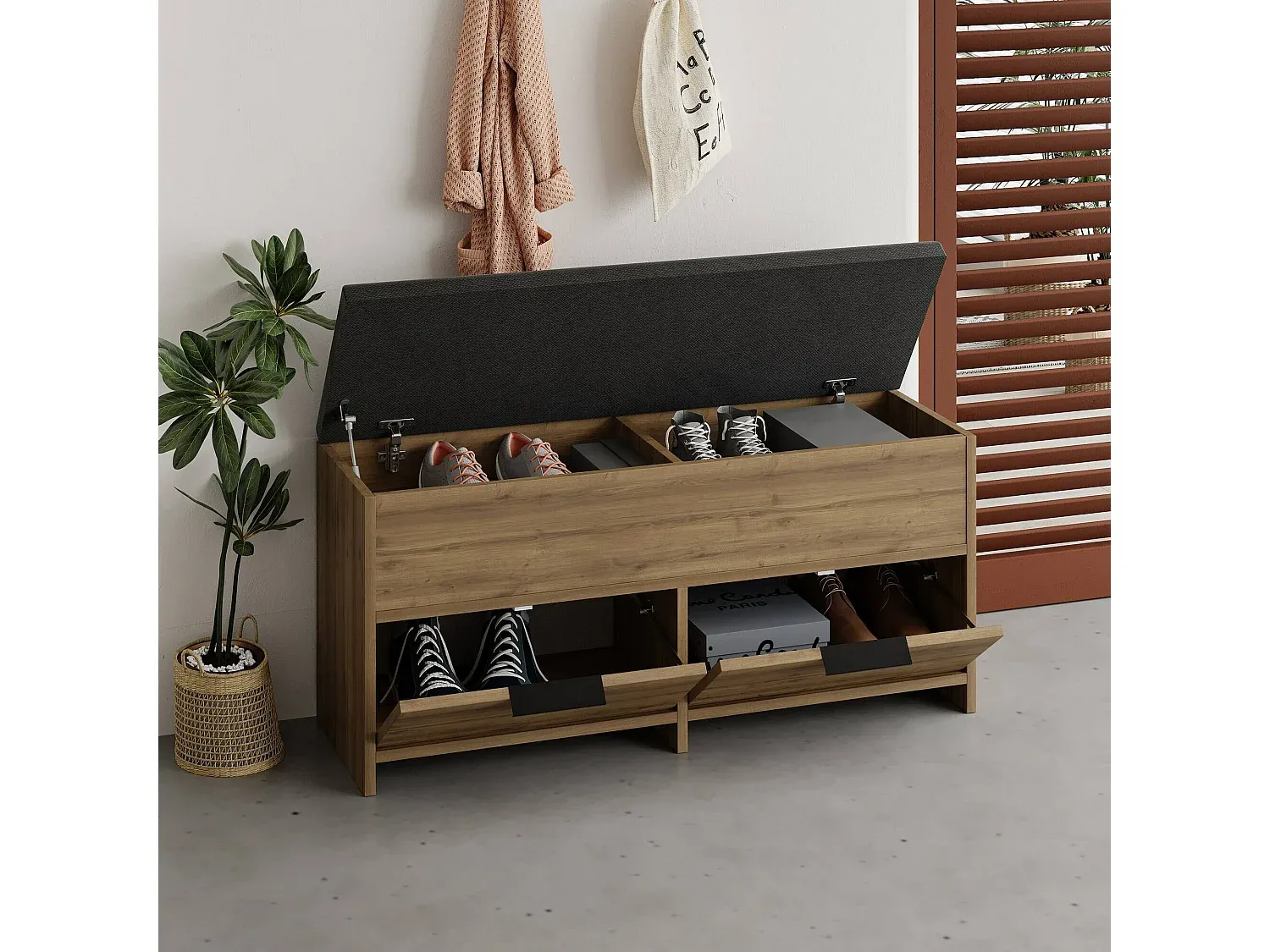 Moderner Schuhschrank aus Eiche für den Eingangsbereich, 106x34x50 cm