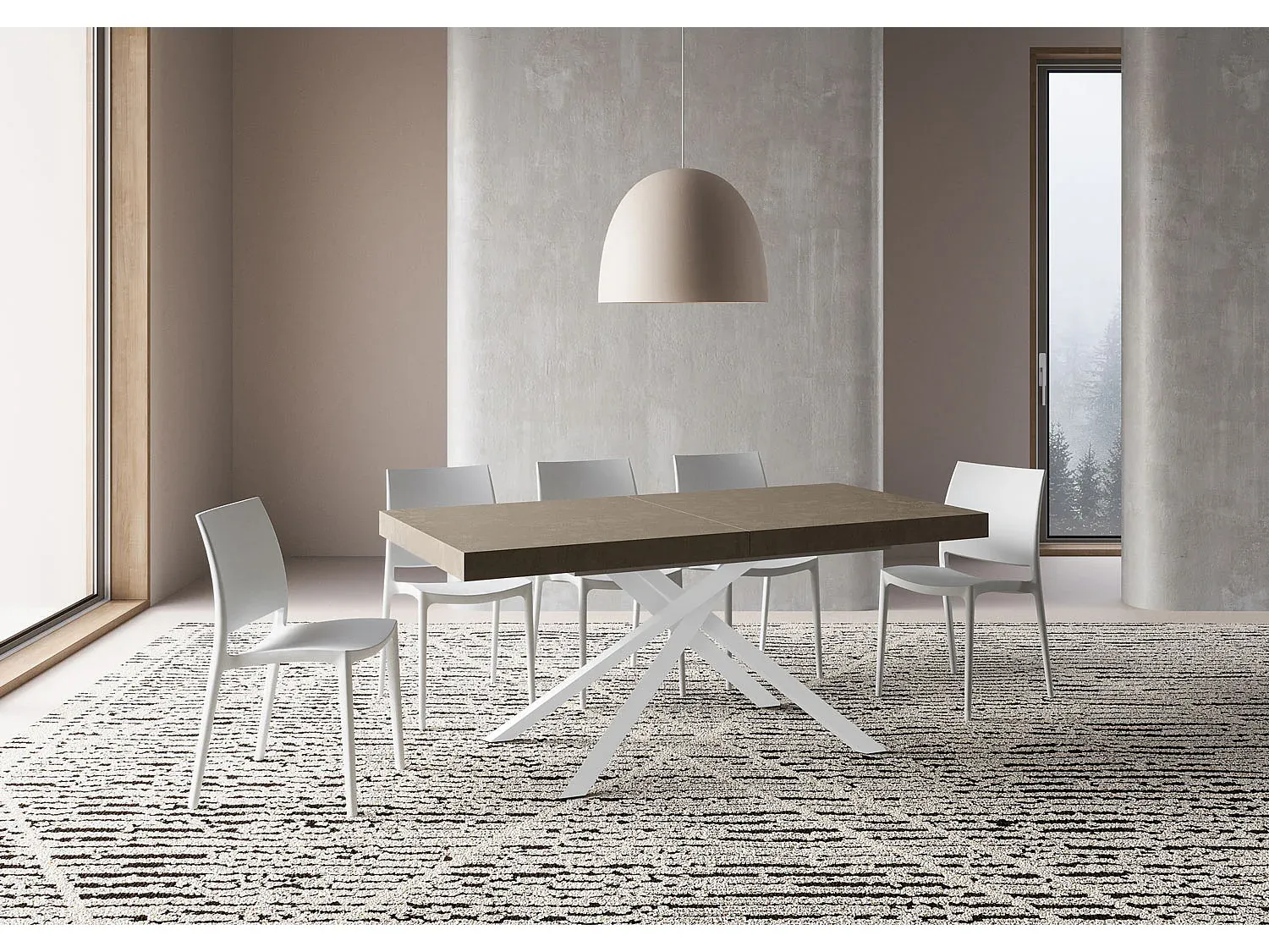 Erweiterbarer Esstisch in Taubengrau mit weißem Rahmen