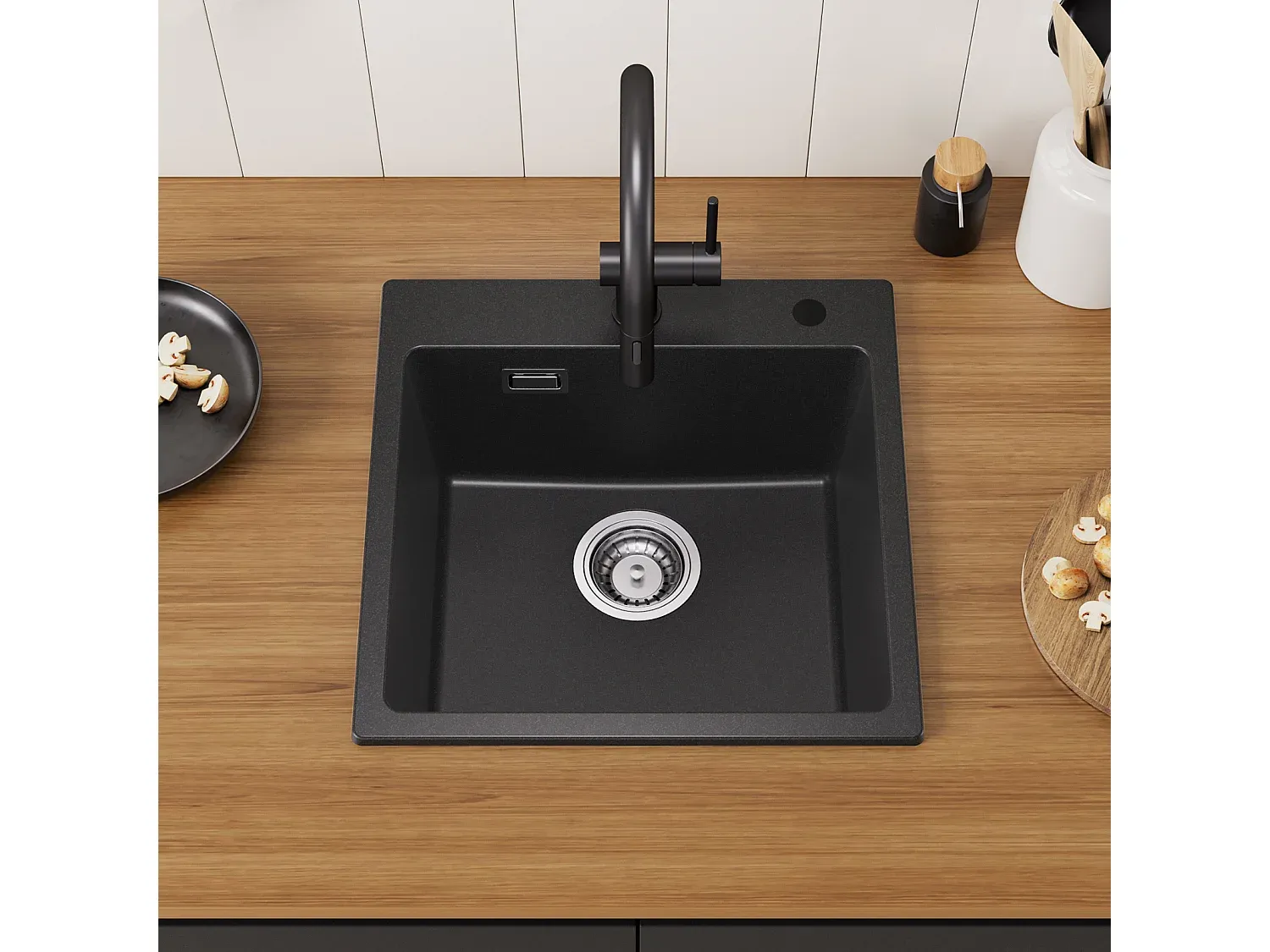 Einbau-Spüle aus Quarzharz mit Küchenarmatur, 45 x 45 cm, schwarz