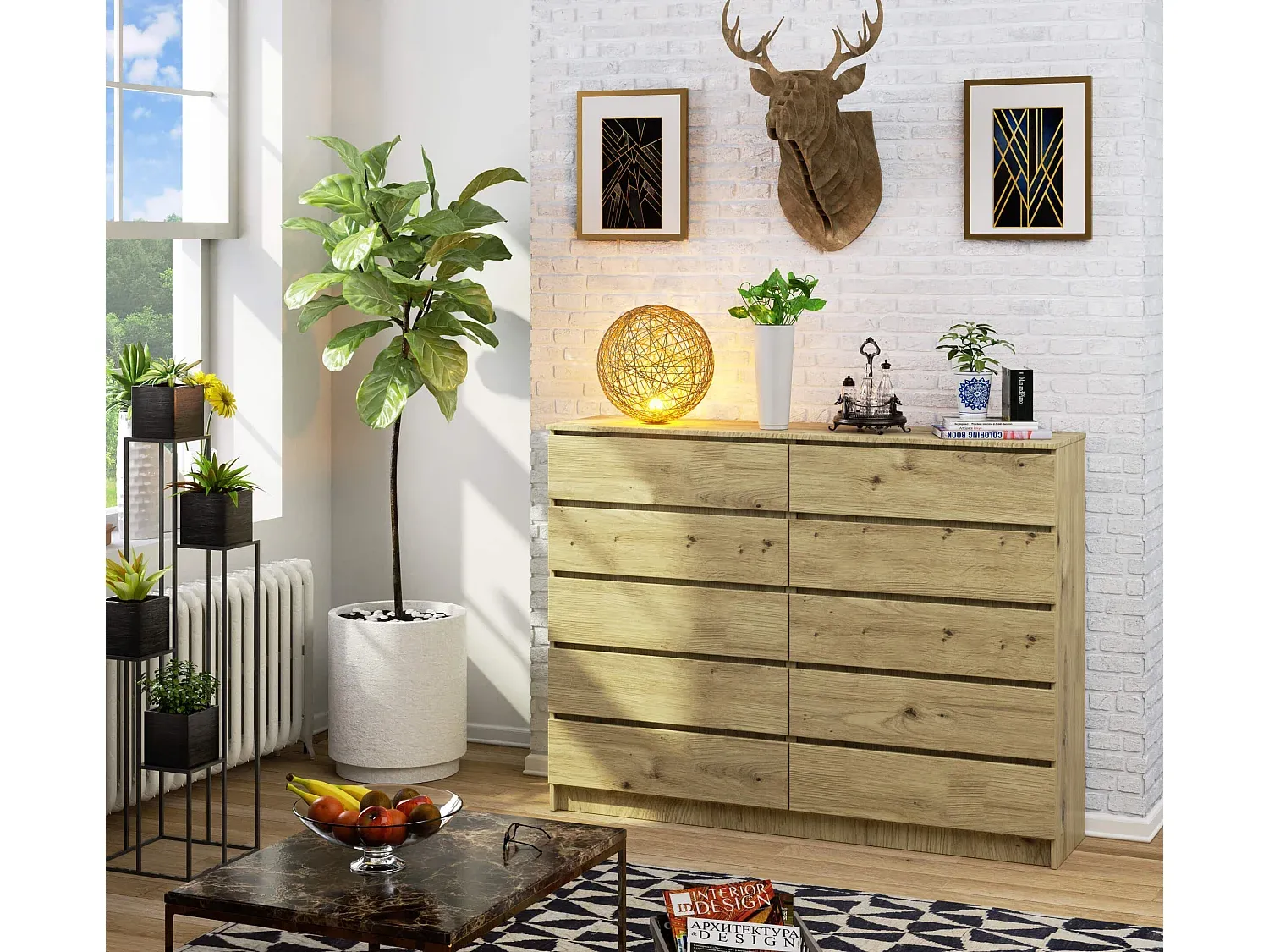 Große Eichenholz-Kommode mit 10 Schubladen, 160 cm