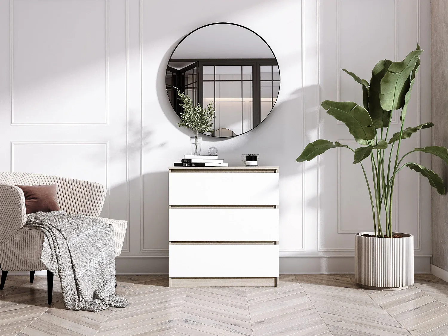 Holz-Kommode mit 3 Schubladen, Eiche/Weiß, 70 x 39 x 79 cm