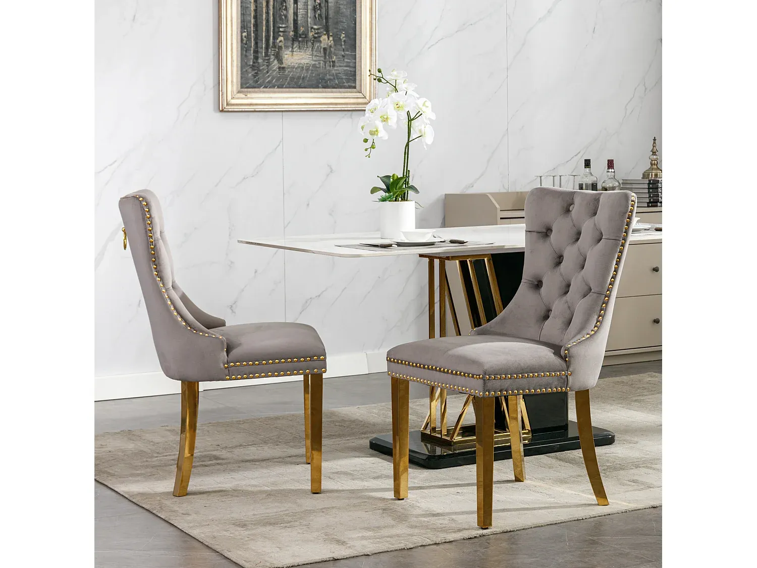 Esszimmerstühle im 2er-Set mit gepolsterter Lehne und goldfarbenen Beinen