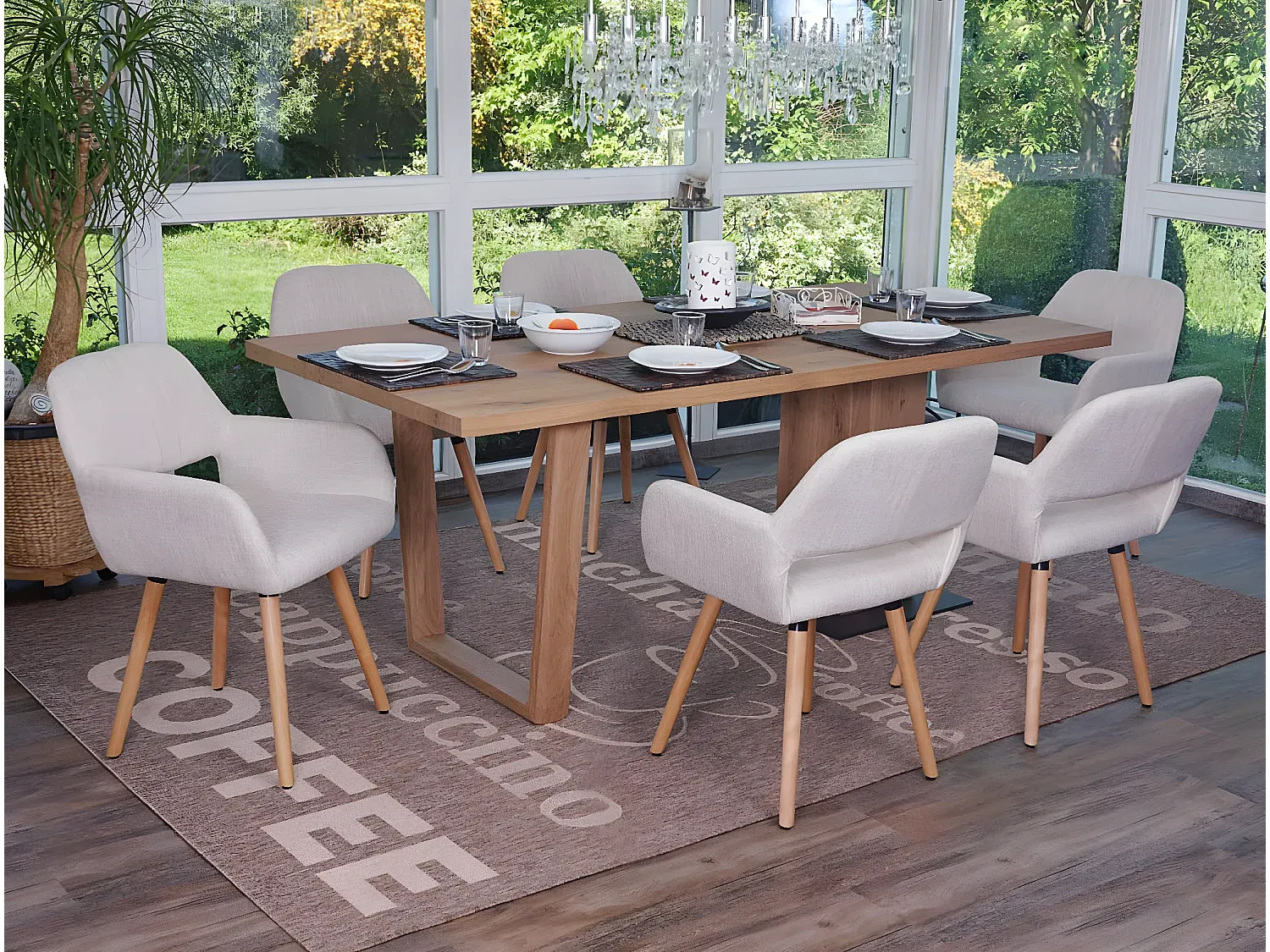 Moderner Esszimmerstuhl-Set aus Stoff in Creme/Grau mit Hellen Beinen