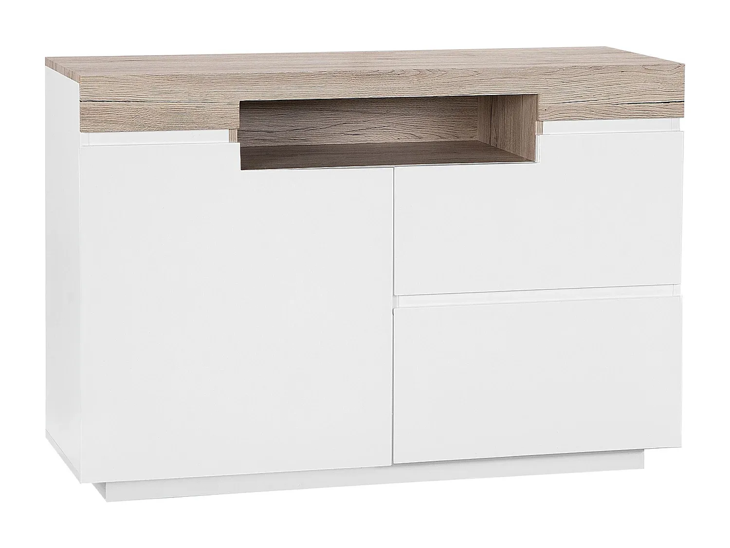 Moderner Sideboard mit 2 Schubladen, Weiß und Heller Holzton