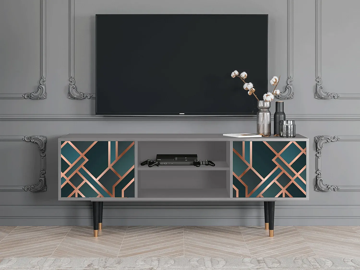 Moderner Fernsehtisch in Grautönen