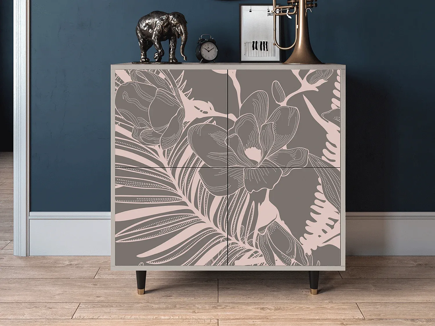 Elegantes Sideboard mit Blumenmuster, Sandfarben, 94x96x48 cm