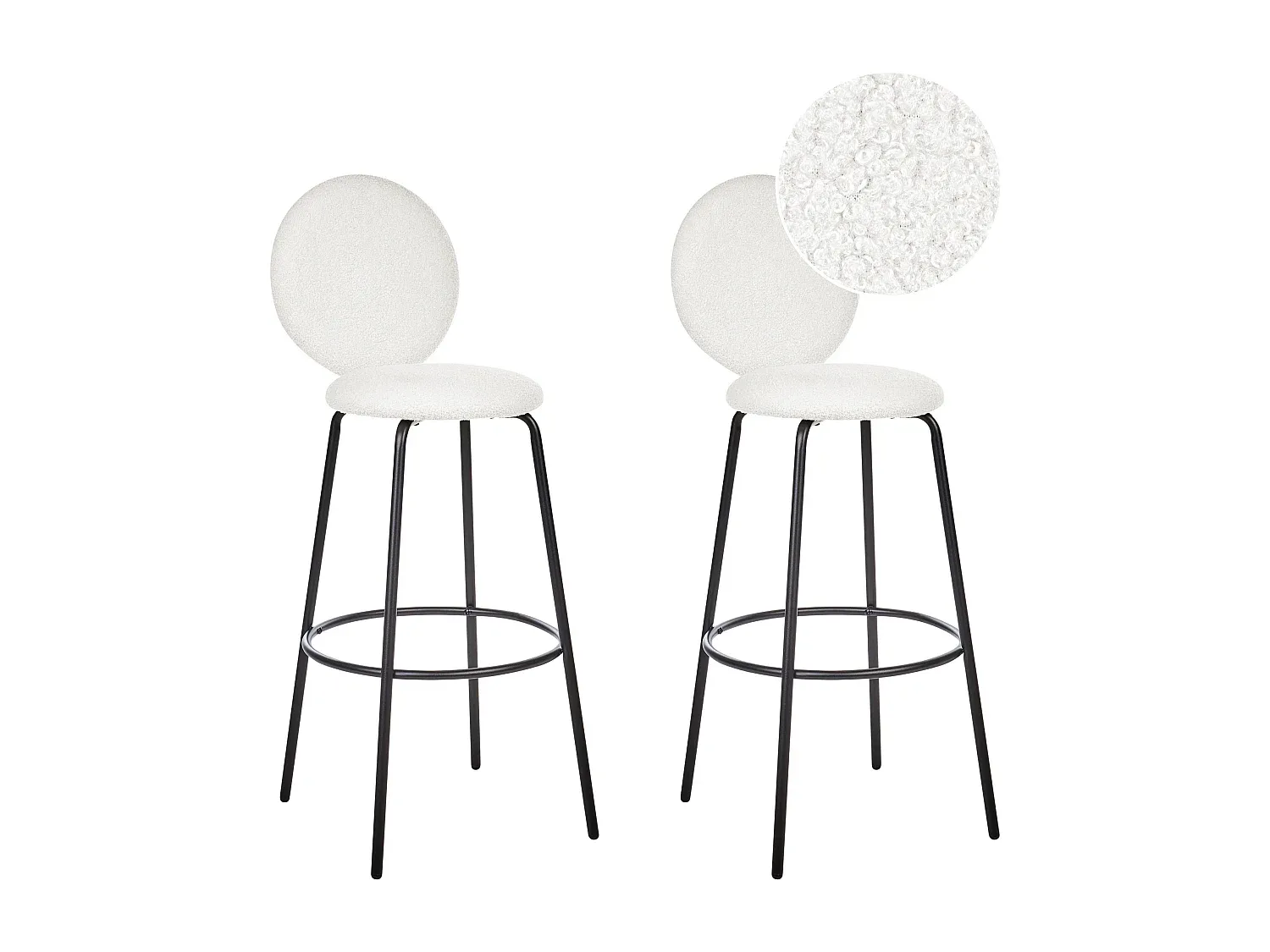 Moderner Barhocker im 2er-Set mit runder Rückenlehne und Fußstützen, Weiß