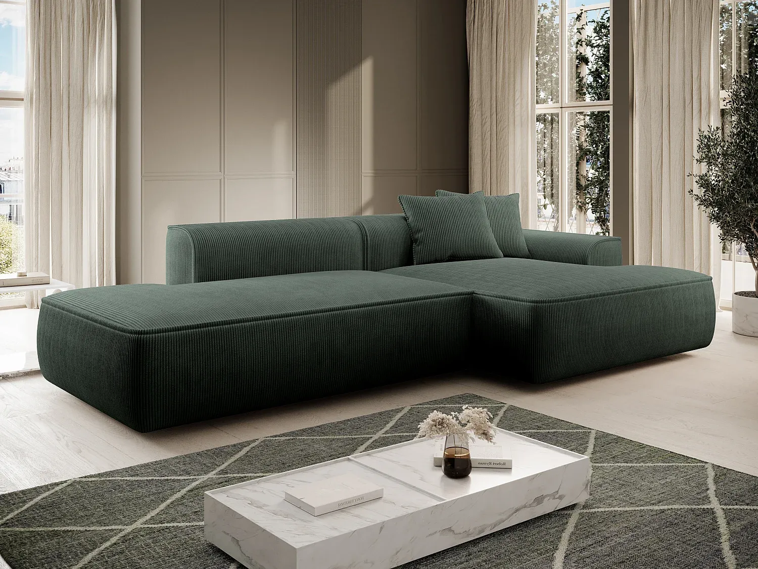 Bequemes Ecksofa mit Recamiere in Grün