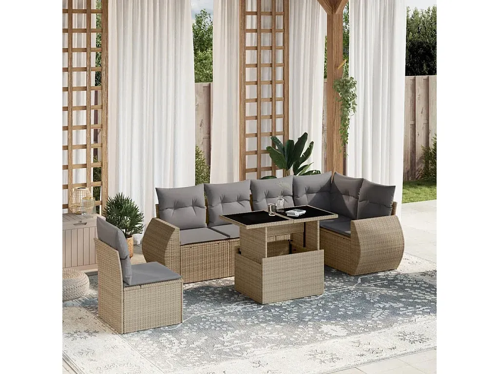 Elegante Gartensofagarnitur mit Kissen, Poly Rattan, Beige