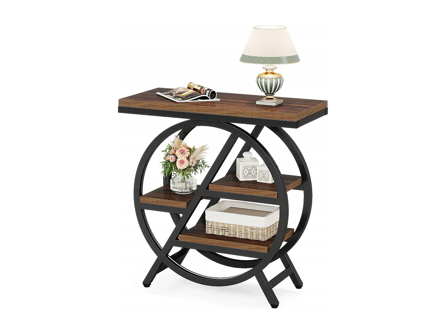 Industrieller Beistelltisch mit geometrischem Metallrahmen, Holzoberfläche