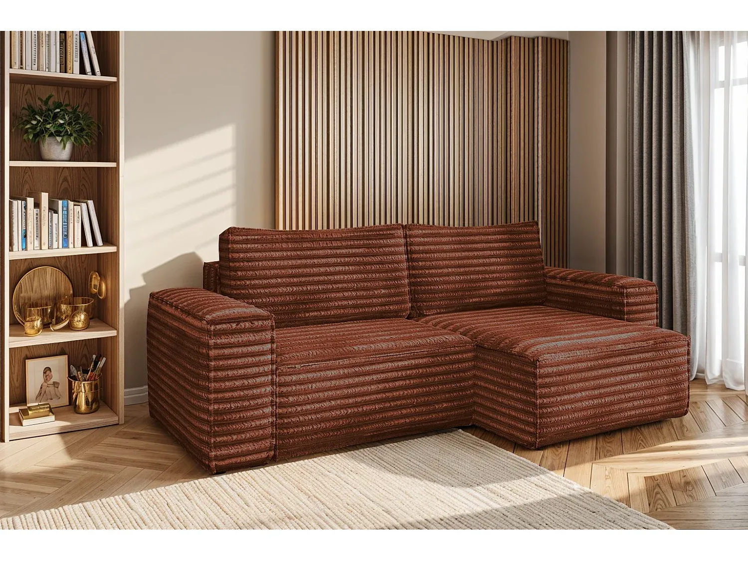 Ecksofa mit Schlaffunktion aus Stoff, Kupfer, rechts