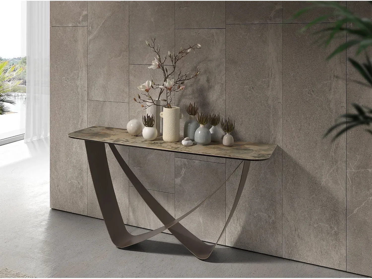 Eleganter Konsolentisch aus Porzellanmarmor und Metall