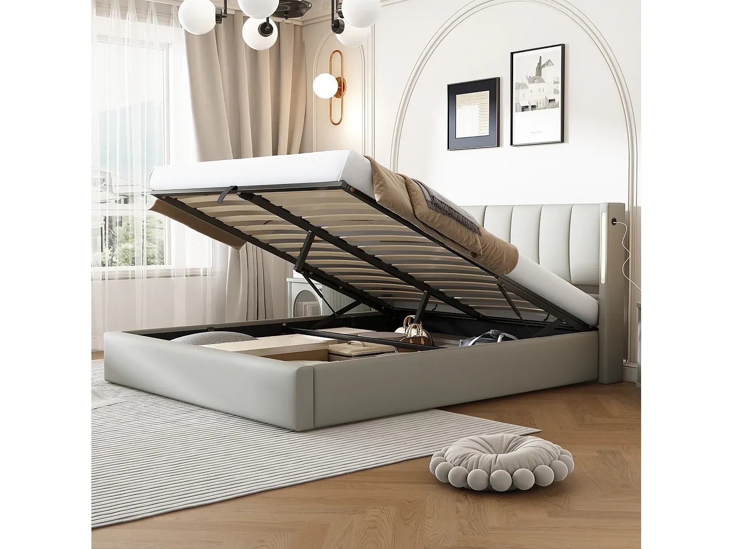 Graues Bett mit Stauraum und LED-Kopfteil 180 x 200 cm